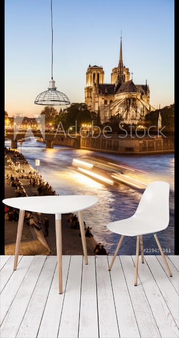 Picture of France Paris Tourist boat on Seine river with Notre Dame cathedral in background